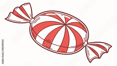 Illustration of a wrapped candy with red and white stripes and tied ends on a white background