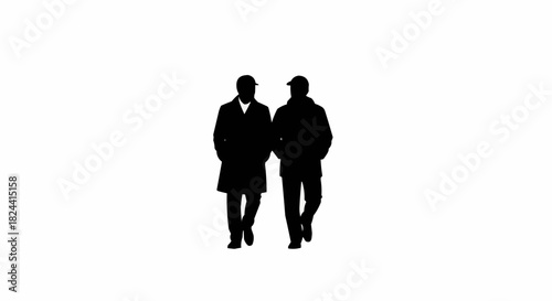 Black silhouette of two men in coats walking together.