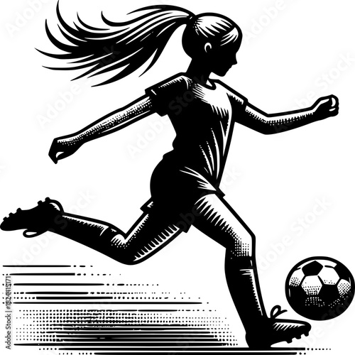 Soccer Action Silhouette: A dynamic black and white illustration of a female soccer player in mid-kick, conveying the energy and focus of the sport. 
