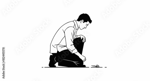 Man Kneeling and Tying Shoelaces in a Simple Line Art Style.