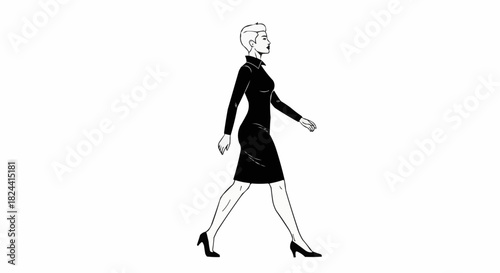 Elegant woman in black dress confidently strides forward in profile view.