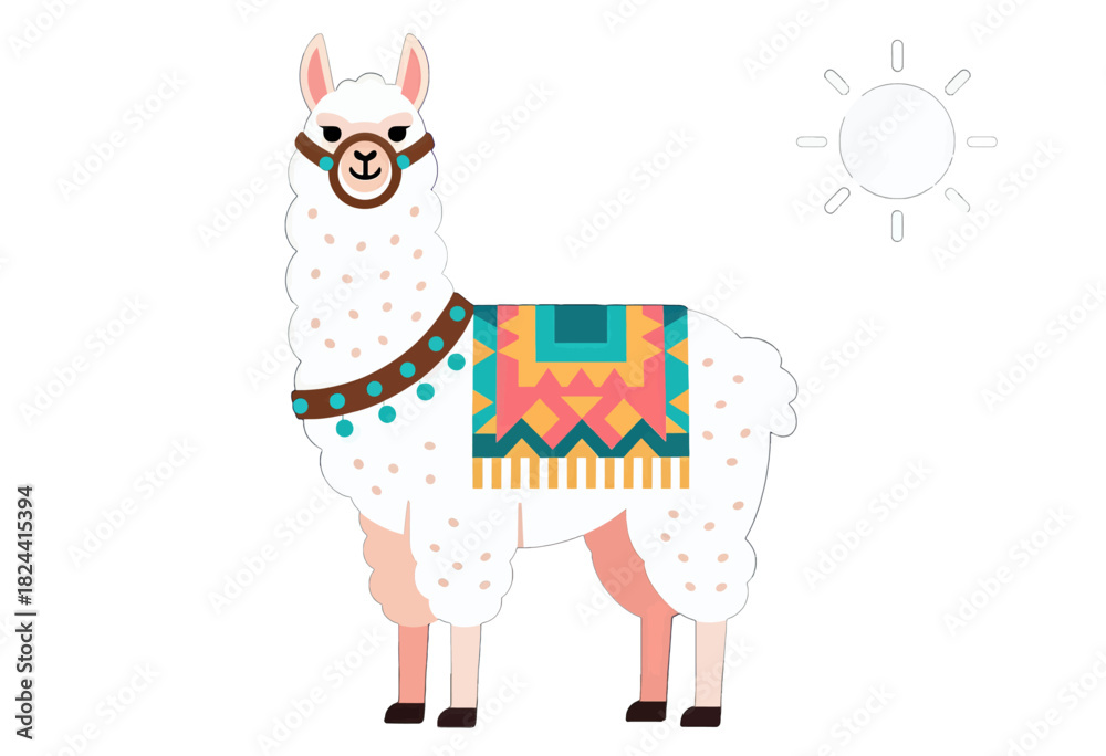 Fototapeta premium Cute Llama with Colorful Saddle and Sun Icon