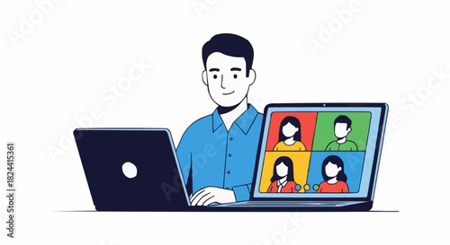 Man working on laptop with video conference call on second screen.