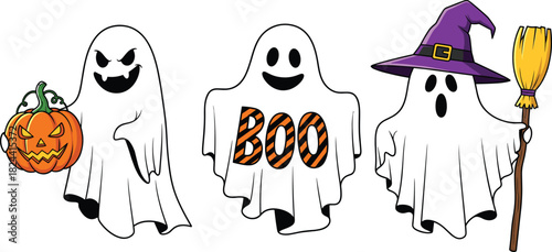 Fun and friendly set of three cartoon ghost characters holding a jack-o'-lantern, wearing a witch hat, and featuring the text "BOO," perfect for cute Halloween invitations and spooky party designs