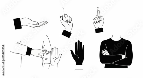Collection of hand gestures and body language line art illustrations.