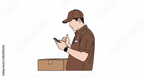 Delivery Man Using Smartphone Next to Package.