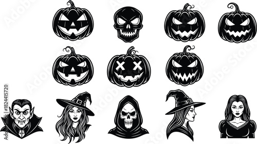 Collection of classic Halloween black silhouette illustrations featuring evil pumpkins, vampire, skull, witch, and grim reaper figures for traditional horror, gothic design, and spooky holiday themes