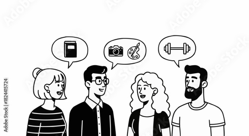 Diverse group of people sharing interests and hobbies through conversation.