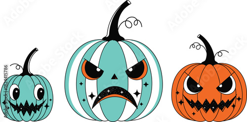 Modern stylized set of three jack-o'-lantern pumpkins featuring turquoise, white, and orange color scheme with sparkling, spooky faces, ideal for contemporary Halloween design, party graphics, and aut