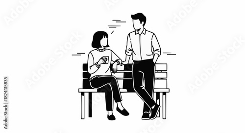 Line Art Illustration of a Couple Chatting on a Park Bench.