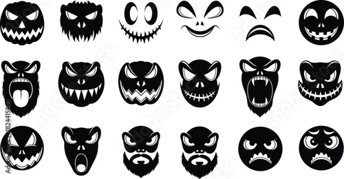 Mega collection of black silhouette faces and expressions, including scary monster, demon, evil pumpkin, and mischievous emoji styles, perfect for Halloween, horror, spooky graphics, and creative char