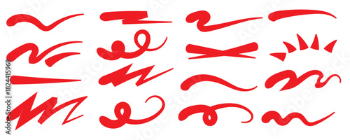 Red squiggle brush scribble underline. Marker pen emphasis highlight red swoosh stroke. Vector swoosh brush underline set for accent, marker emphasis squiggle element. Vector stock illustration 