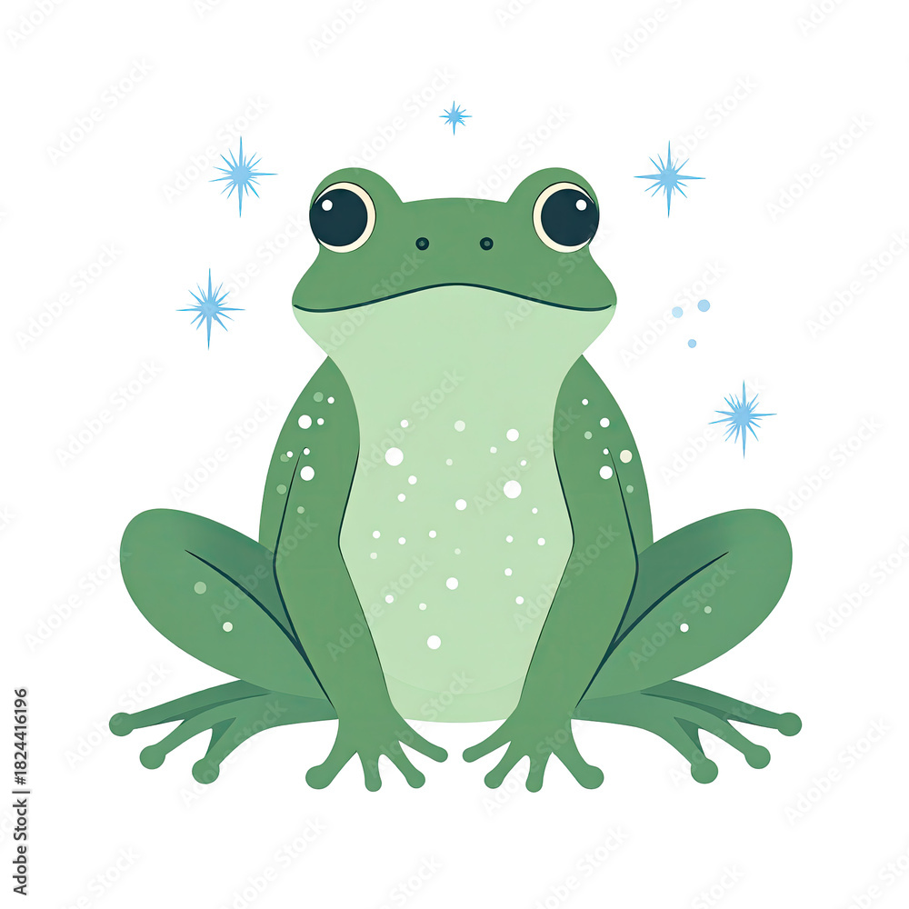 Fototapeta premium Cute cartoon green frog with big eyes and speckled belly illustration.