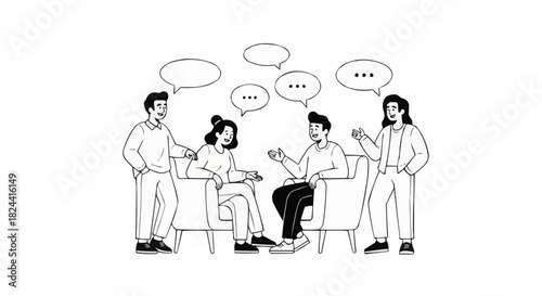 Group of people engaged in conversation, discussing ideas and sharing thoughts.