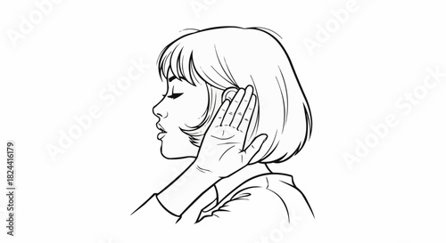 Line art drawing of a woman with short hair, eyes closed, and a hand gently touching her ear.