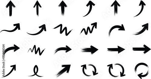Comprehensive set of various black hand-painted brush stroke arrows in different directions, curves, and zigzag styles, perfect for dynamic direction, annotation, emphasis, and grunge graphic design e