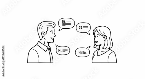 Two people communicating with speech bubbles in a conversation.