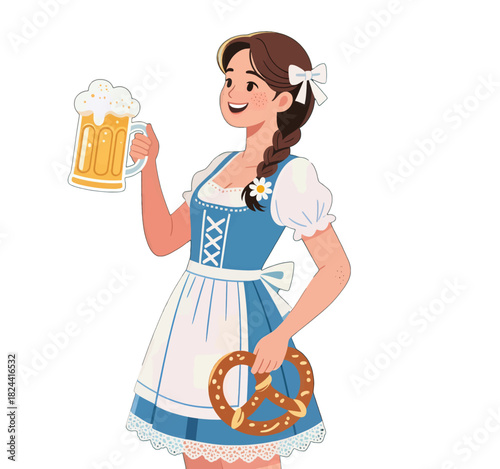 Festive Woman in Dirndl Holding Beer and Pretzel
