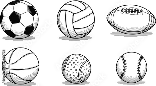 Collection of six detailed sports balls including soccer, volleyball, rugby, basketball, tennis, and baseball, illustrated in a classic vintage black and white engraving style for athletic and game co