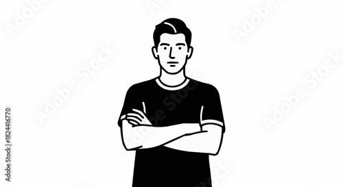 Hand drawn illustration of a young man with arms crossed.