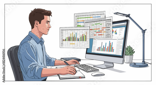 Man analyzing data on computer with multiple charts and graphs.