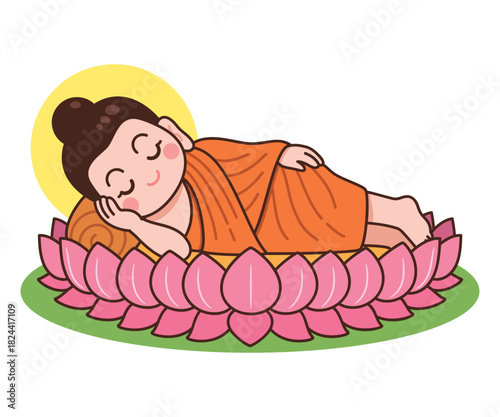 Cute Reclining Buddha on Lotus Cartoon Illustration