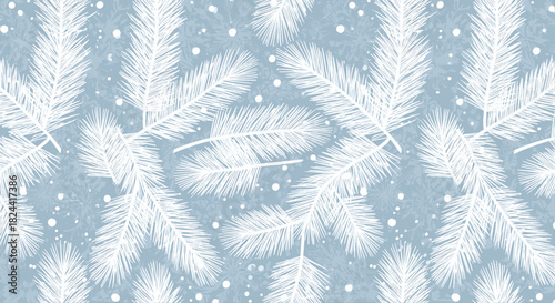 Wintery background featuring white frosted pine branches and delicate falling snowflakes on a light blue backdrop.