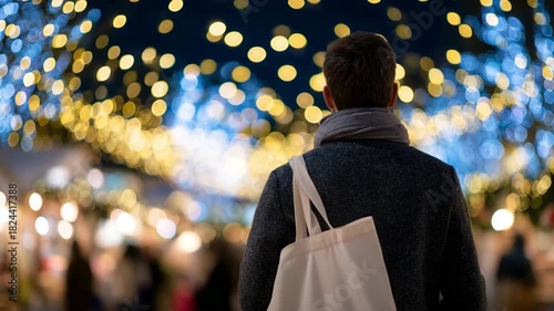 7Man in winter coat carrying a tote bag, walking down a bustling holiday market aisle, view from back, twinkling fairy lights and wrapped presents on display
