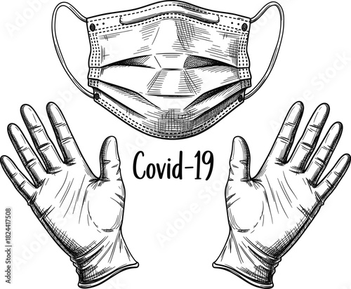 Detailed hand-drawn medical illustration featuring a protective surgical mask and latex gloves, representing public health, viral protection, safety measures, and global concerns like the Covid-19 pan