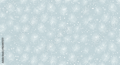 A delicate pattern of white pine needles and snowflakes on a soft blue background.