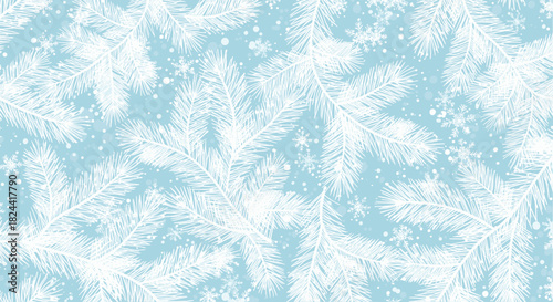 Light blue background with white frosted fir tree branches and delicate snowflakes, creating a serene winter pattern.