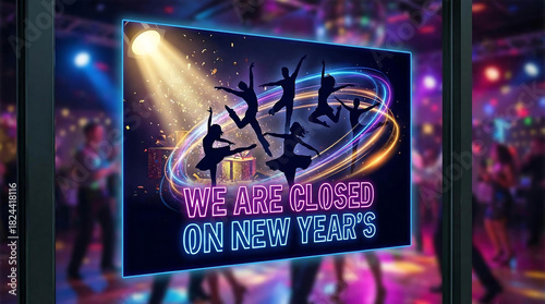 Neon sign showing ballet dancers closed for New Years Eve, new years eve, closed sign, neon sign, ballet dancers, silhouette, party, celebration, holiday, announcement, notification, business, retail,