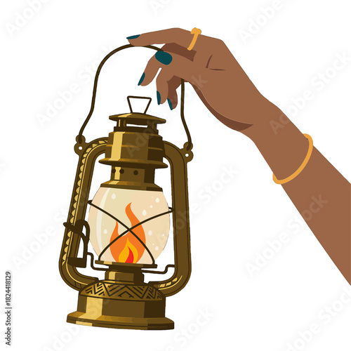 Hand Holding a Vintage Lantern with Glowing Flame