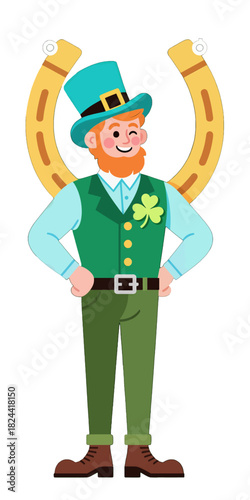 Happy Leprechaun with Horseshoe and Shamrock
