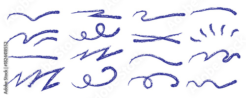 Red line brush stroke with pencil underline and crayon textures for graphic design - wavy marks, straight elements and zigzag patterns. Hand drawn highlights with rough edges for text decoration.