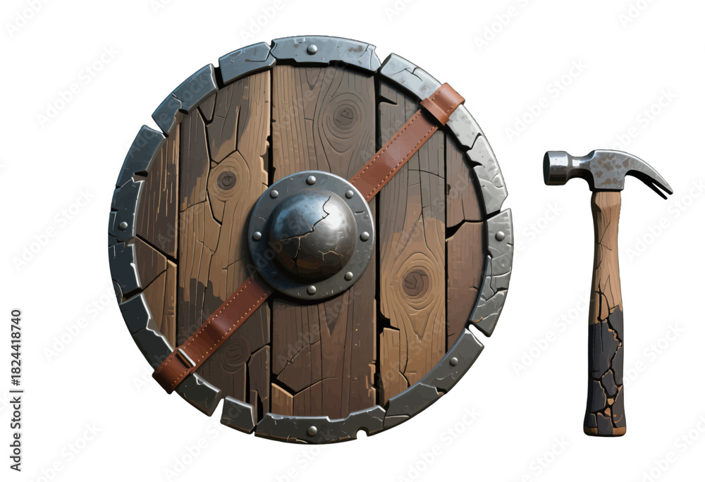 Naklejka premium Medieval Wooden Shield and Rustic Hammer