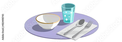 Minimal dining set with bowl, glass, and utensils