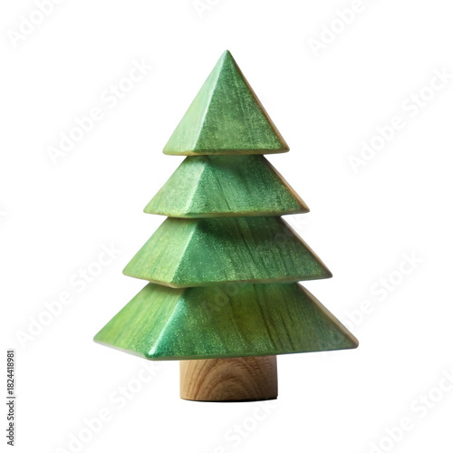 small wooden Christmas tree figurine isolated on clean white background, minimal rustic holiday decoration, soft shadow
