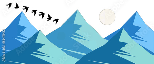 Nighttime Mountains with Birds and Glowing Moon