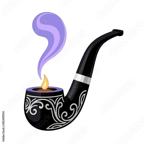 Ornate Black Pipe with Purple Smoke and Flame