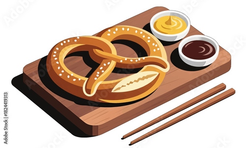 Pretzel on a board with mustard and chocolate dip