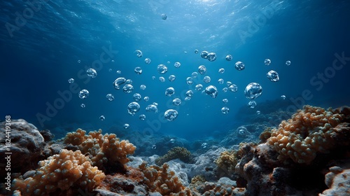 Fototapeta Naklejka Na Ścianę i Meble -  Numerous air bubbles ascend from a vibrant coral reef and rocky seabed in a clear blue underwater ocean scene