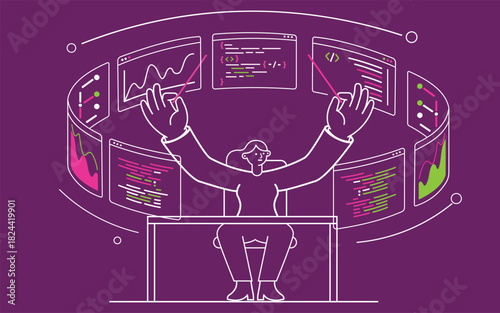Female programmer orchestrating digital screens of code and data charts like a music conductor, neon line art illustration.