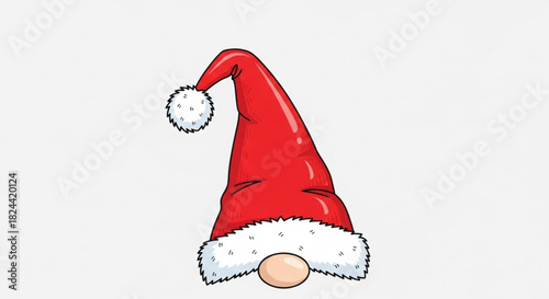 Simple cartoon illustration of a red and white santa claus hat with a pom pom