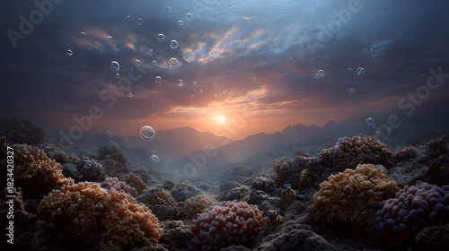 Fototapeta Naklejka Na Ścianę i Meble -  A breathtaking underwater sunset casts a warm glow over a vibrant coral reef with bubbles rising towards the surface