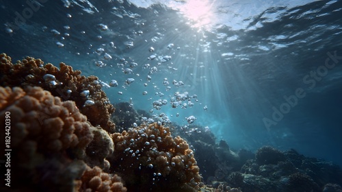 Fototapeta Naklejka Na Ścianę i Meble -  Sunlight streams through the ocean surface illuminating a vibrant coral reef with rising bubbles