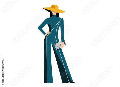Stylish woman in teal jumpsuit and yellow hat holding a clutch