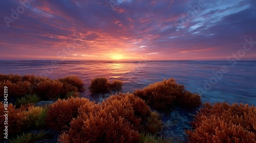 Fototapeta Naklejka Na Ścianę i Meble -  Vibrant sunset over a tranquil ocean with colorful clouds and shallow coral reef in the foreground