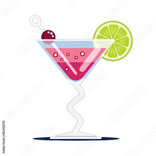 Vibrant Pink Cocktail with Lime Slice and Cherry