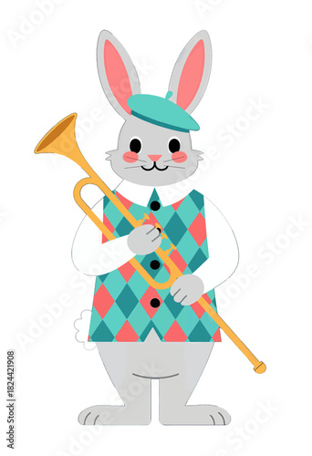 Whimsical Rabbit Playing Trombone in Diamond Vest
